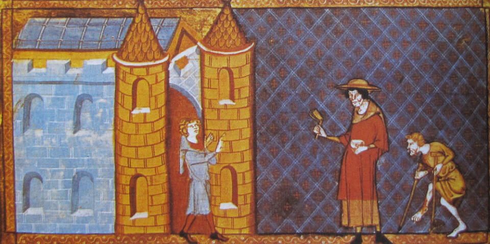 Bilde fra 1300-tallet som viser to spedalske som ikke får slippe inn i en by. (Bilde: Miniatyr)