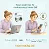 Illustrasjon av kvinne med laptop og mobil, med tekst om at ett KI-bilder krever like mye energi som å lade opp en smartphone omtrent en gang.
