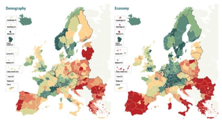 Her er utviklingen i befolkning til venstre og utviklingen i økonomi til høyre, slik statistikere og forskere tror den kan komme til å bli i årene framover. Desto grønnere farge på regionen, desto større muligheter for vekst. (Data: Eurostat. Grafikk: Berlin-instituttet) Her er utviklingen i befolkning til venstre og utviklingen i økonomi til høyre, slik statistikere og forskere tror den kan komme til å bli i årene framover. Desto grønnere farge på regionen, desto større muligheter for vekst. (Data: Eurostat. Grafikk: Berlin-instituttet)