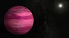 Stor rosa planet med striper mot svart rombakgrunn, med en klar hvit stjerne i bakgrunnen.