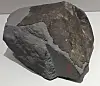 Nærbilde av en mørk, ujevn meteoritt på hvit bakgrunn.