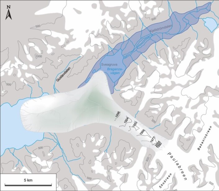 Her ser vi hvor Paulabreen lå da den var på sitt største. Fjorden var helt avstengt. (Figur: Astrid Lyså m.fl. / Boreas 2018) Her ser vi hvor Paulabreen lå da den var på sitt største. Fjorden var helt avstengt. (Figur: Astrid Lyså m.fl. / Boreas 2018)