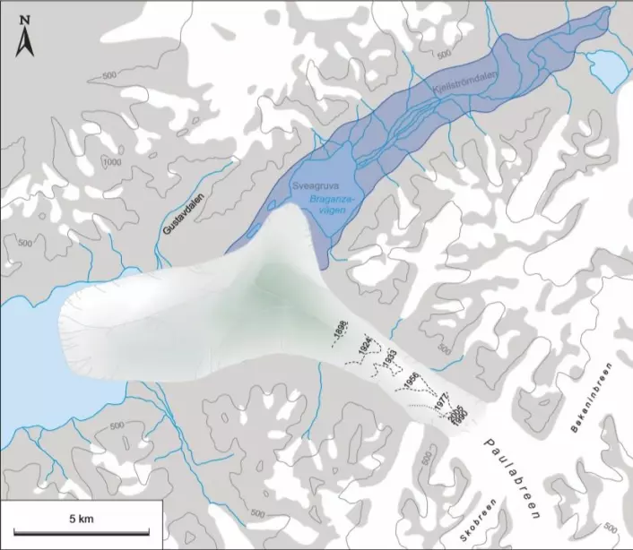 Her ser vi hvor Paulabreen lå da den var på sitt største. Fjorden var helt avstengt. (Figur: Astrid Lyså m.fl. / Boreas 2018)