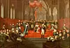 Historisk maleri av en stor forsamling i en gotisk sal rundt et sentralt podium.