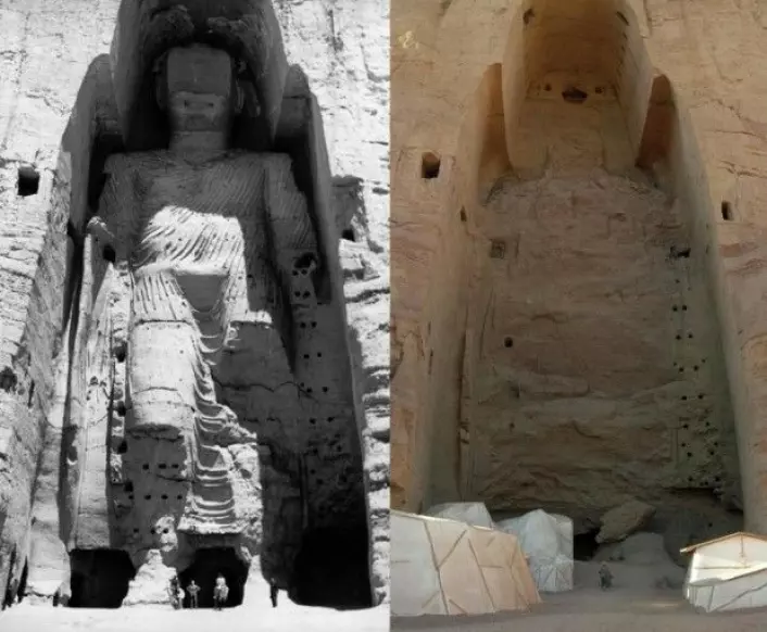 Den gigantiske Buddha-statuen i Afghanistans Bamiyanprovins før og etter Talibans ødeleggelser. (Foto: Wikimedia Commons/Carl Montgomery)