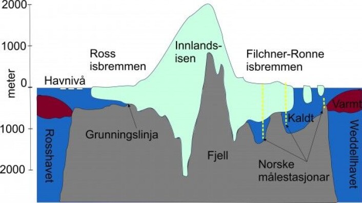 Dette snittet gjennom Vest-Antarktis frå Rosshavet til Weddellhavet viser at Innlandsisen når opp i over 2000 meter over havet og ligger på grunn på meir enn 2000 meter under havoverflata. Havvatnet rundt Antarktis er kaldt, men ute på kontinentalskråninga er det eit belte av varmt vatn. (Illustrasjon: Svein Østerhus) Dette snittet gjennom Vest-Antarktis frå Rosshavet til Weddellhavet viser at Innlandsisen når opp i over 2000 meter over havet og ligger på grunn på meir enn 2000 meter under havoverflata. Havvatnet rundt Antarktis er kaldt, men ute på kontinentalskråninga er det eit belte av varmt vatn. (Illustrasjon: Svein Østerhus)
