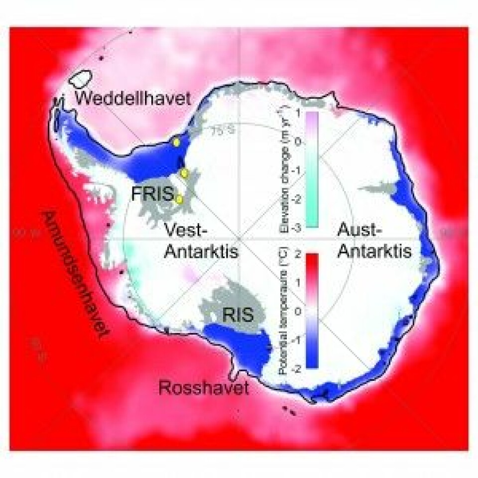 Dette er Antarktis og Sørishavet. Fargeskalaen over havet viser temperaturen på havvatnet. Den mørke blå fargen langs kysten viser områder der vatnet er kaldt. I Amundsenhavet komer det varme vatnet inn til kysten og smelter isen slik at isbremmane blir tynnare. Fargeskalaen over isen viser områder der isen blir tynnare eller tjukkare. Dei grå områda er isbremmane, Filchner-Ronne (FRIS) og Ross (RIS), og den svarte streken utafor kysten indikerer kontinentalkanta. Dei gule sirklane merker den geografiske plasseringa av dei norske målestasjonane. (Illustrasjon: Shepherd, A., et al. 2016 og Orsi, A.H., and T. Whitworth III. 2005)