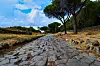 Den gamle Via Appia Antica med brostein, ruiner, trær og blå himmel.