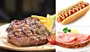 Sammensatt bilde av grillet biff, pølse i brød og skinkesmørbrød.
