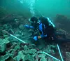 Arkeologen er under vann i dykkedrakt. Hun undersøker steinmassene der nede og har en bøtte i den ene hånda og en stein hun ser nærmere på i den andre hånda.