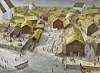 En illustrasjon av Trondheim i middelalderen. Vi ser en rekke trehus med gress på taket tett i tett. I midten lager noen en båt, i front ser vi brygger og vann og noen båter. Til venstre, i midten bakerst og til høyre er det tre kirker.