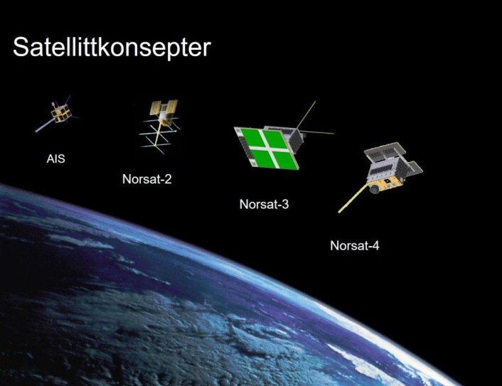 Her er mikrosatellittene Norge har tatt i bruk eller skal skyte opp de nærmeste årene. De to til venstre, AIS og NorSat-2 er allerede i bane. NorSat-3 kommer i 2019. De to til venstre er fortsatt under planlegging, men hvis finansieringen går i orden, skytes NorSat-4 opp allerede i 2021. (Foto: FFI) Her er mikrosatellittene Norge har tatt i bruk eller skal skyte opp de nærmeste årene. De to til venstre, AIS og NorSat-2 er allerede i bane. NorSat-3 kommer i 2019. De to til venstre er fortsatt under planlegging, men hvis finansieringen går i orden, skytes NorSat-4 opp allerede i 2021. (Foto: FFI)
