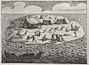 Historisk kobberstikk med telt, båter og mennesker på en øy etter et skipsforlis.