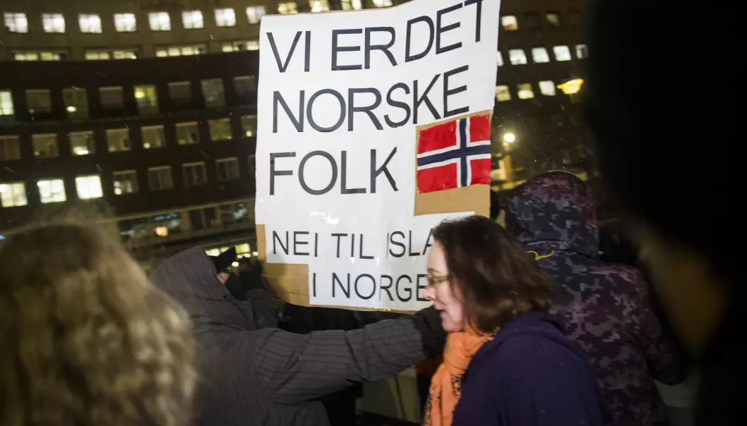 Noen av deltakerne i den norske spørreundersøkelsen ville støttet en marsj mot «islamiseringen av Norge», en slik gruppa Pegida holdt utenfor rådhuset i Oslo i 2015. (Foto: Fredrik Varfjell/NTB scanpix)