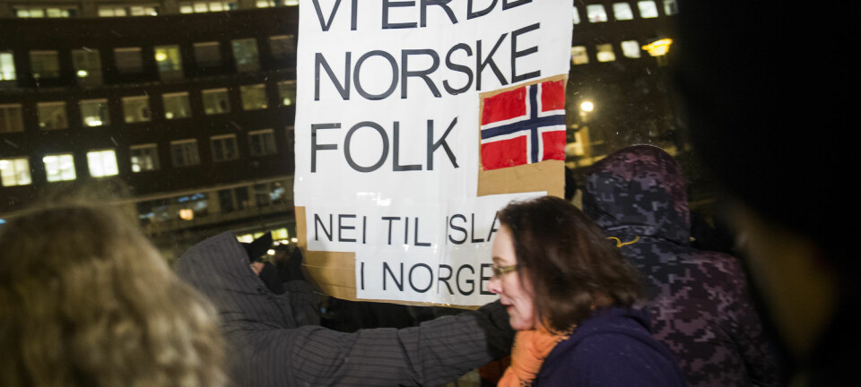 Noen av deltakerne i den norske spørreundersøkelsen ville støttet en marsj mot «islamiseringen av Norge», en slik gruppa Pegida holdt utenfor rådhuset i Oslo i 2015. (Foto: Fredrik Varfjell/NTB scanpix)