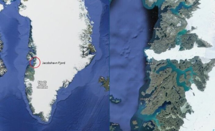 På satellittbildet av Grønland til venstre er Jakobshavn fjord markert. Til høyre, der det er zoomet inn på fjorden, kan vi se at den ser ut til å være dekket av is fordi store isfjell hele tiden brekker av. (Grafikk: Google Earth) På satellittbildet av Grønland til venstre er Jakobshavn fjord markert. Til høyre, der det er zoomet inn på fjorden, kan vi se at den ser ut til å være dekket av is fordi store isfjell hele tiden brekker av. (Grafikk: Google Earth)
