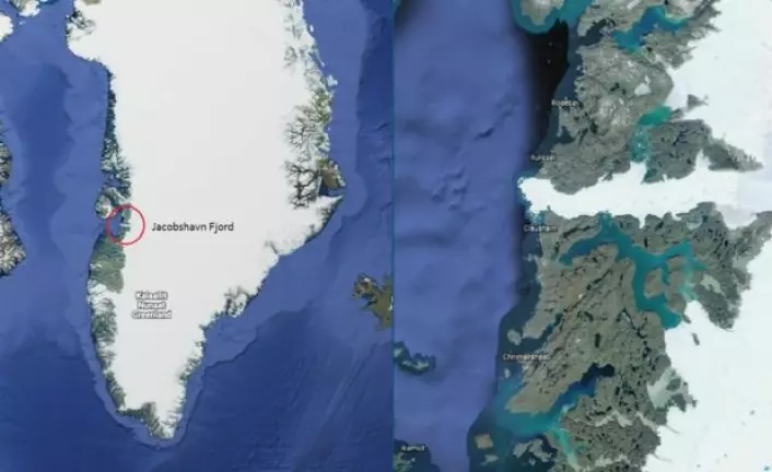 På satellittbildet av Grønland til venstre er Jakobshavn fjord markert. Til høyre, der det er zoomet inn på fjorden, kan vi se at den ser ut til å være dekket av is fordi store isfjell hele tiden brekker av. (Grafikk: Google Earth)