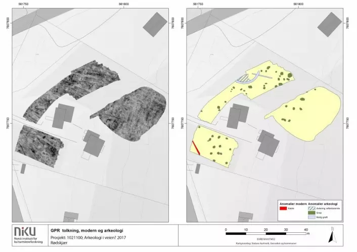 Georadar resultater på Rødskjær som viser utbredelsen av groper utenfor det utgravde området. (Foto: Manuel Gabler, NIKU)