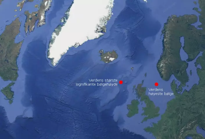 Verdens høyeste enkeltbølge målt av en fast installasjon – «Draupner-bølgen» – var på 25,6 meter. Den slo inn over Draupner-plattformene i Nordsjøen nyttårsnatten 1995. Verdens høyeste bølger over et tidsrom på 20 minutter (signifikant bølgehøyde) ble målt i havet mellom Island og Skottland i februar 2013. Antakelig finnes også de aller største enkeltbølgene i havet sør for Island, uten at disse noen gang er blitt målt sikkert. (Grafikk: forskning.no)