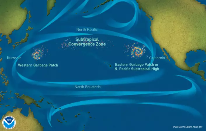 De store søppelflekkene i Stillehavet. Sammen utgjør de “The great pacific garbage patch”. De ser ikke ut som flytende øyer med plast, siden mange av bitene er så små, men konsentrasjonen med plastsøppel er veldig høy her, siden det samles opp, ifølge NOAA. (Bilde: National Oceanic and Atmospheric Administration (NOAA)