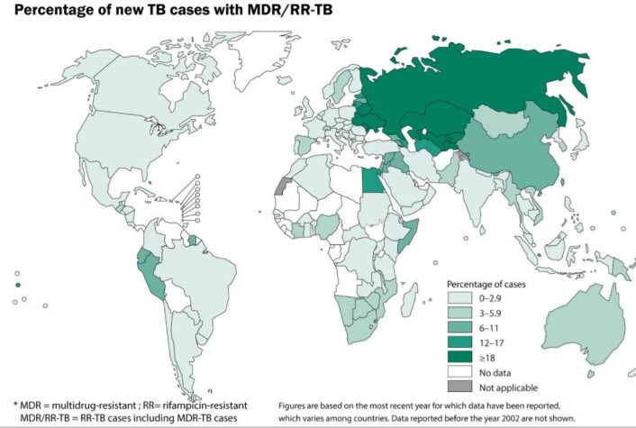 Mørkegrønne land har størst andel antibiotikaresistent tuberkulose.<br>I land med mest resistens har en av fem med tuberkulose en resistent variant. (Kart: WHO) Mørkegrønne land har størst andel antibiotikaresistent tuberkulose.<br>I land med mest resistens har en av fem med tuberkulose en resistent variant. (Kart: WHO)