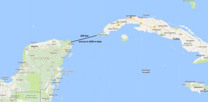Forskerne ser muligheten for å montere rør over hele Yucatan-stredet eller ut fra land langs kysten. Dette er et område som rammes hardt av orkaner. (Illustrasjon: Sintef) Forskerne ser muligheten for å montere rør over hele Yucatan-stredet eller ut fra land langs kysten. Dette er et område som rammes hardt av orkaner. (Illustrasjon: Sintef)