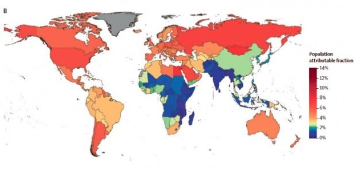 Kartet viser hvor stor andel av alle krefttilfeller som kan tilskrives overvekt i de enkelte landene. Data stammer fra 2012. (Illustrasjon: The Lancet Diabetes <span class="amp">&</span> Endocrinology) Kartet viser hvor stor andel av alle krefttilfeller som kan tilskrives overvekt i de enkelte landene. Data stammer fra 2012. (Illustrasjon: The Lancet Diabetes <span class="amp">&</span> Endocrinology)