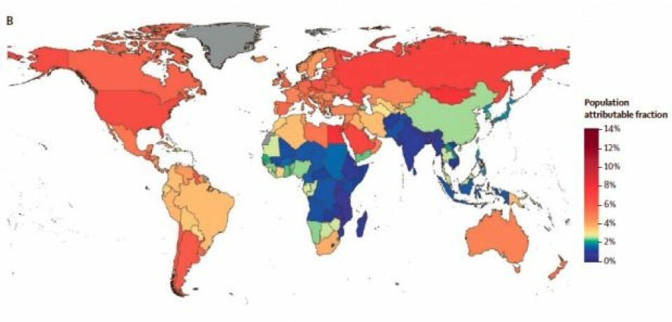 Kartet viser hvor stor andel av alle krefttilfeller som kan tilskrives overvekt i de enkelte landene. Data stammer fra 2012. (Illustrasjon: The Lancet Diabetes & Endocrinology)
