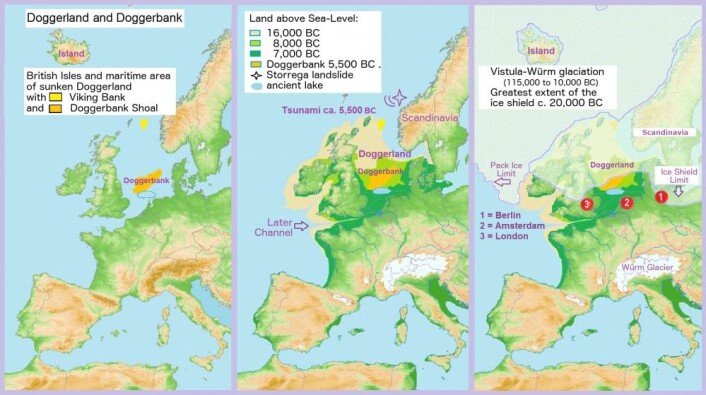 Kartet viser Doggerland gjennom flere tidsperioder. (Bilde: Francis Lima/CC BY-SA 4.0) Kartet viser Doggerland gjennom flere tidsperioder. (Bilde: Francis Lima/CC BY-SA 4.0)