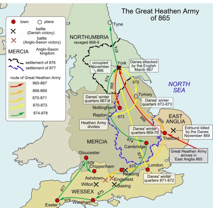 Dette kartet viser hvordan hæren reiste rundt blant de britiske kongedømmene. (Bilde: Hel-hama/CC BY-SA 3.0) Dette kartet viser hvordan hæren reiste rundt blant de britiske kongedømmene. (Bilde: Hel-hama/CC BY-SA 3.0)