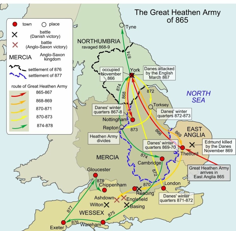 Dette kartet viser hvordan hæren reiste rundt blant de britiske kongedømmene. (Bilde: Hel-hama/CC BY-SA 3.0)