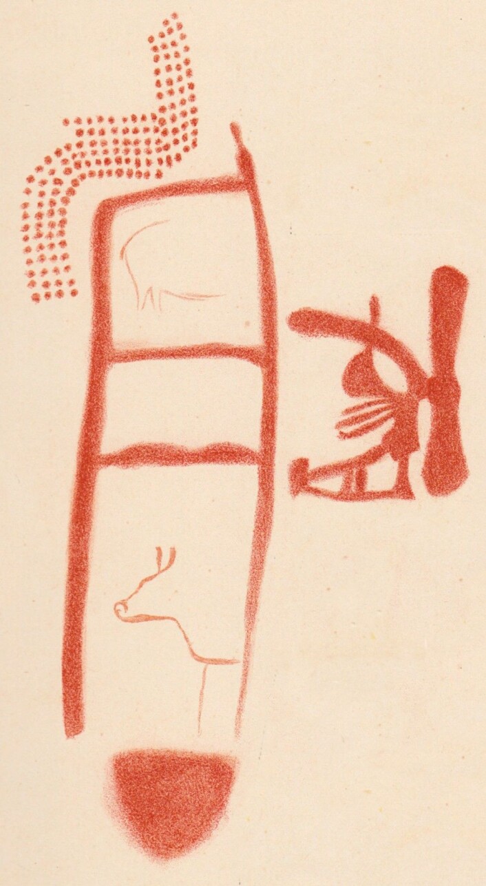 En rekonstruksjon av trappetegningen, som kan ha blitt laget av neandertalere. Dette er en rekonstruksjon laget i 1913 (Bilde: Breuil et al. (1913) En rekonstruksjon av trappetegningen, som kan ha blitt laget av neandertalere. Dette er en rekonstruksjon laget i 1913 (Bilde: Breuil et al. (1913)