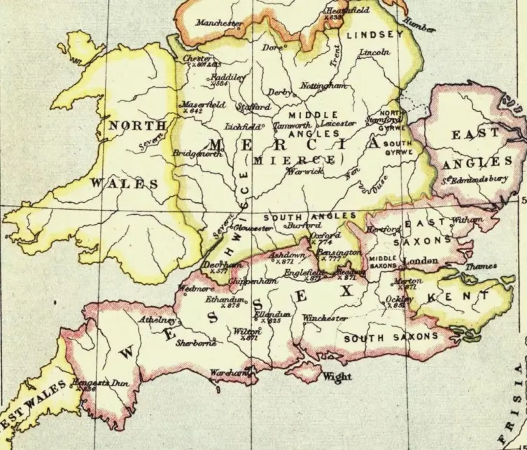 Slik så grensene mellom kongedømmene på den Britiske øya ut rundt år 860. (Bilde: Bartholomew, J. G.)