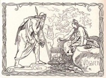 I tegningen ser du Odin besøke Vølven, en respektert og fryktet trollkvinne, en mester i seid (magisk teknikk), spådomskunst og galdr (besvergelser/trolldomssang). Ritualene innebar sjamanisme, ofte ved bruk av tromme. Blant samene hadde noaiden et lik funksjon, hvor joik og bruk av runebomme inngikk i det magiske repertoaret. (Illustrasjon: «Odin og Vølven» av Lorenz Frølich, 1895 / NTNU UB) I tegningen ser du Odin besøke Vølven, en respektert og fryktet trollkvinne, en mester i seid (magisk teknikk), spådomskunst og galdr (besvergelser/trolldomssang). Ritualene innebar sjamanisme, ofte ved bruk av tromme. Blant samene hadde noaiden et lik funksjon, hvor joik og bruk av runebomme inngikk i det magiske repertoaret. (Illustrasjon: «Odin og Vølven» av Lorenz Frølich, 1895 / NTNU UB)