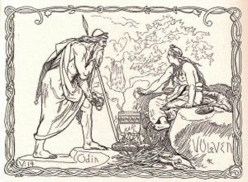 I tegningen ser du Odin besøke Vølven, en respektert og fryktet trollkvinne, en mester i seid (magisk teknikk), spådomskunst og galdr (besvergelser/trolldomssang). Ritualene innebar sjamanisme, ofte ved bruk av tromme. Blant samene hadde noaiden et lik funksjon, hvor joik og bruk av runebomme inngikk i det magiske repertoaret. (Illustrasjon: «Odin og Vølven» av Lorenz Frølich, 1895 / NTNU UB)