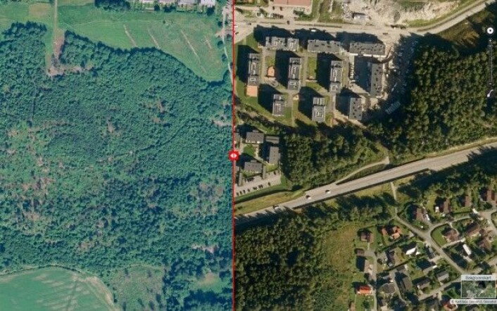 Bildeserien viser endringen i arealbruk fra skog til bebyggelse. <a href="http://kilden.nibio.no">Her kan du se</a> hvordan endringer i arealbruk påvirker stedet der du bor, eller der du har hytte. Bildet er fra Ski i Akershus. (Foto: NIBIO Kilden) Bildeserien viser endringen i arealbruk fra skog til bebyggelse. <a href="http://kilden.nibio.no">Her kan du se</a> hvordan endringer i arealbruk påvirker stedet der du bor, eller der du har hytte. Bildet er fra Ski i Akershus. (Foto: NIBIO Kilden)