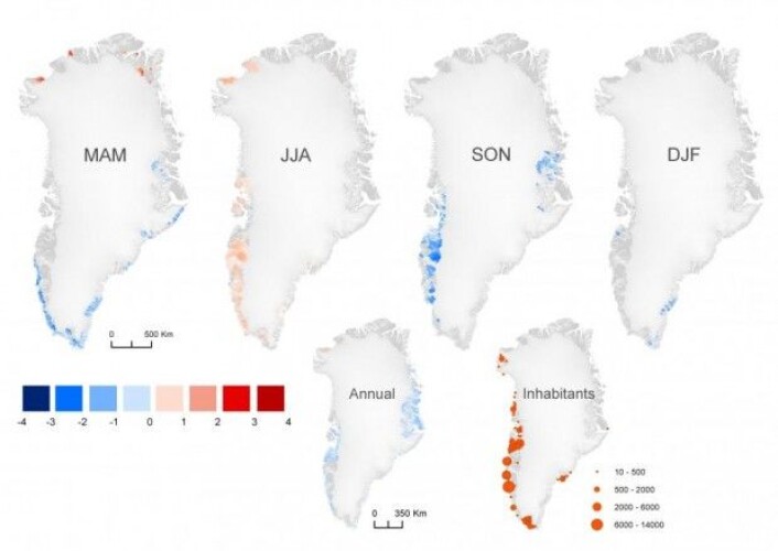 Figuren illustrerer at det på tvers av landet («Annual») har vært et lite temperaturfall over 15 år. De andre figurene, som er delt inn etter sesonger, viser store svingninger i temperaturene regionalt. MAM er vår, JJA er sommer, SON er høst og DJF er vinter. (Illustrasjon: Den vitenskapelige artikkelen) Figuren illustrerer at det på tvers av landet («Annual») har vært et lite temperaturfall over 15 år. De andre figurene, som er delt inn etter sesonger, viser store svingninger i temperaturene regionalt. MAM er vår, JJA er sommer, SON er høst og DJF er vinter. (Illustrasjon: Den vitenskapelige artikkelen)