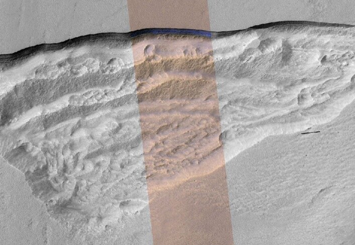 Her ses utsnittet i et bilde av hele formasjonen, som er rundt fem kilometer bred. (Foto: NASA/JPL-Caltech/UA/USGS) Her ses utsnittet i et bilde av hele formasjonen, som er rundt fem kilometer bred. (Foto: NASA/JPL-Caltech/UA/USGS)