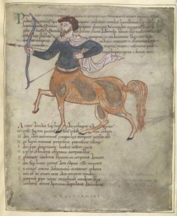Stjernebildet Sagittarius – skytten – i et av Knut den Stores engelske manuskripter. (Foto: British Library Tiberius B.V.) Stjernebildet Sagittarius – skytten – i et av Knut den Stores engelske manuskripter. (Foto: British Library Tiberius B.V.)