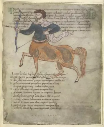 Stjernebildet Sagittarius – skytten – i et av Knut den Stores engelske manuskripter. (Foto: British Library Tiberius B.V.)