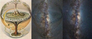 Gísli Sigurðsson sammenligner livstruet Yggdrasil i historien om Gylfis forhekselse med Melkeveien. Til venstre Yggdrasil som det er gjengitt i en engelsk oversettelse av Snorres Edda fra 1847, mens Melkeveien ses til høyre i bildet. (Illustrasjon og Foto: Wikimedia Commons/Shutterstock – Redigering: Asbjørn Mølgaard Sørensen) Gísli Sigurðsson sammenligner livstruet Yggdrasil i historien om Gylfis forhekselse med Melkeveien. Til venstre Yggdrasil som det er gjengitt i en engelsk oversettelse av Snorres Edda fra 1847, mens Melkeveien ses til høyre i bildet. (Illustrasjon og Foto: Wikimedia Commons/Shutterstock – Redigering: Asbjørn Mølgaard Sørensen)