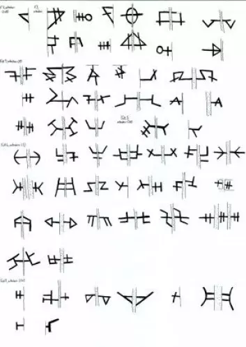 Ekroll har katalogisert de hieroglyf-aktige demonteringsmerkene i oktogonen, som viser at steinene har blitt plukket fra hverandre før. (Illustrasjon: Øystein Ekroll)
