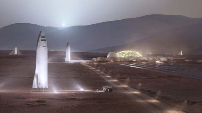 På sikt ønsker Elon Musk å terraforme Mars – gjøre planeten beboelig med luft vi kan puste og vann på overflaten, som for lenge siden da Mars var ung. Raketten BFR skal etter planene gå i skytteltrafikk fra Jorda med mennesker som vil bygge byer og gjøre oss til en flerplanetarisk art. (Illustrasjon: SpaceX, fra YouTube-video av foredraget Elon Musk holdt på romkongressen IAC i Adelaide, Australia 20.9.2017) På sikt ønsker Elon Musk å terraforme Mars – gjøre planeten beboelig med luft vi kan puste og vann på overflaten, som for lenge siden da Mars var ung. Raketten BFR skal etter planene gå i skytteltrafikk fra Jorda med mennesker som vil bygge byer og gjøre oss til en flerplanetarisk art. (Illustrasjon: SpaceX, fra YouTube-video av foredraget Elon Musk holdt på romkongressen IAC i Adelaide, Australia 20.9.2017)