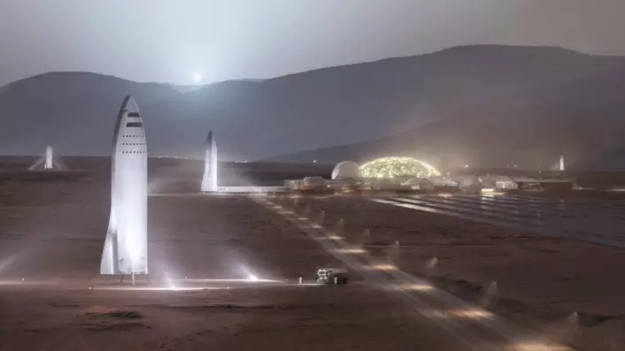 På sikt ønsker Elon Musk å terraforme Mars – gjøre planeten beboelig med luft vi kan puste og vann på overflaten, som for lenge siden da Mars var ung. Raketten BFR skal etter planene gå i skytteltrafikk fra Jorda med mennesker som vil bygge byer og gjøre oss til en flerplanetarisk art. (Illustrasjon: SpaceX, fra YouTube-video av foredraget Elon Musk holdt på romkongressen IAC i Adelaide, Australia 20.9.2017)