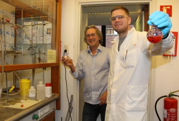 Professor Pål Rongved (t.v.) med Elvar Örn Viktorsson, som har utviklet mer enn 100 nye legemiddelkandidater i laboratoriet på Farmasøytisk institutt ved UiO (Foto: Bjarne Røsjø, UiO)