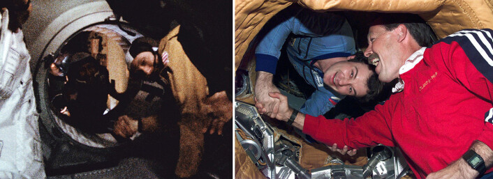 Til venstre: Astronaut Thomas P. Stafford – i forgrunnen – og kosmonaut Aleksej Leonov utveksler håndtrykk gjennom luken mellom romskipene Apollo og Sojus den 17. juli 1975. Til høyre: Nesten tjue år seinere trykker romfergekaptein Robert Hoot Gibson – i forgrunnen – hånden til kommandør på den sovjetiske romstasjonen Mir, Vladimir Dezhurov. (Fotos: NASA) Til venstre: Astronaut Thomas P. Stafford – i forgrunnen – og kosmonaut Aleksej Leonov utveksler håndtrykk gjennom luken mellom romskipene Apollo og Sojus den 17. juli 1975. Til høyre: Nesten tjue år seinere trykker romfergekaptein Robert Hoot Gibson – i forgrunnen – hånden til kommandør på den sovjetiske romstasjonen Mir, Vladimir Dezhurov. (Fotos: NASA)