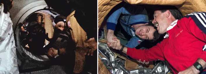 Til venstre: Astronaut Thomas P. Stafford – i forgrunnen – og kosmonaut Aleksej Leonov utveksler håndtrykk gjennom luken mellom romskipene Apollo og Sojus den 17. juli 1975. Til høyre: Nesten tjue år seinere trykker romfergekaptein Robert Hoot Gibson – i forgrunnen – hånden til kommandør på den sovjetiske romstasjonen Mir, Vladimir Dezhurov. (Fotos: NASA)
