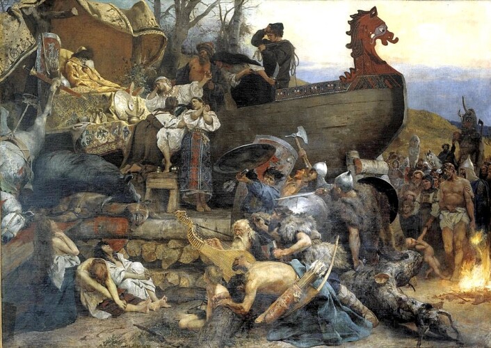 En av svært få skildringer vi kjenner til av det som kan ha vært en voldtekt begått av vikinger, fortelles av araberen Ibn Fadland. Det er i året 921 at utsendingen fra kalifen i Bagdad besøker et rike ved elven Volga i dagens Russland og blir vitne til en begravelse der en slavekvinne frivillig lar seg ofre, etter først å ha blitt brukt seksuelt av flere menn. Den polske maleren Henryk Siemiradzki lot seg i 1883 inspirere av Ibn Fadlans historie til å male dette bildet. En av svært få skildringer vi kjenner til av det som kan ha vært en voldtekt begått av vikinger, fortelles av araberen Ibn Fadland. Det er i året 921 at utsendingen fra kalifen i Bagdad besøker et rike ved elven Volga i dagens Russland og blir vitne til en begravelse der en slavekvinne frivillig lar seg ofre, etter først å ha blitt brukt seksuelt av flere menn. Den polske maleren Henryk Siemiradzki lot seg i 1883 inspirere av Ibn Fadlans historie til å male dette bildet.