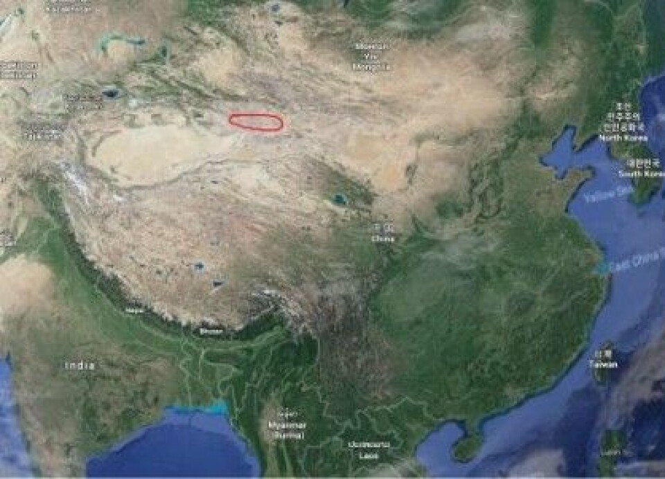 Fossilene av knokler og egg ble funnet i Turpan-Hami-senkningen i Xinjiang-provinsen i det nordvestlige Kina. Det er gjennom tiden funnet mange dinosaurfossiler ulike steder i Kina. (Screenshot fra Google Maps)