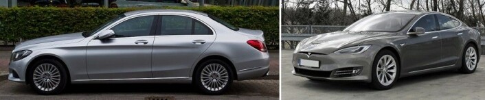 Mercedes-Benz C-klasse mot Tesla Model S. Nb: Bilen til venstre er en Mercedes-Benz_C_220_BlueTEC_Exclusive_(W_205) med lavere utslipp, ikke samme modell som beskrevet i teksten. (Foto: M93, CC-BY-SA 3.0 Germany/Mariordo, <a href="https://creativecommons.org/licenses/by-sa/4.0">CC-BY-SA 4.0</a>) Mercedes-Benz C-klasse mot Tesla Model S. Nb: Bilen til venstre er en Mercedes-Benz_C_220_BlueTEC_Exclusive_(W_205) med lavere utslipp, ikke samme modell som beskrevet i teksten. (Foto: M93, CC-BY-SA 3.0 Germany/Mariordo, <a href="https://creativecommons.org/licenses/by-sa/4.0">CC-BY-SA 4.0</a>)